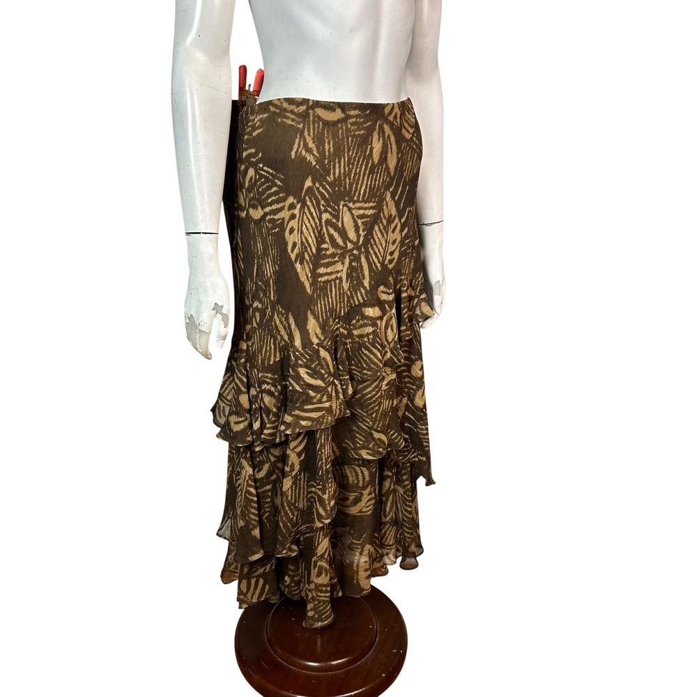 Lauren Ralph Lauren Maxi Skirt Size XL Silk Brown Leaf earthy Tiered Tropical